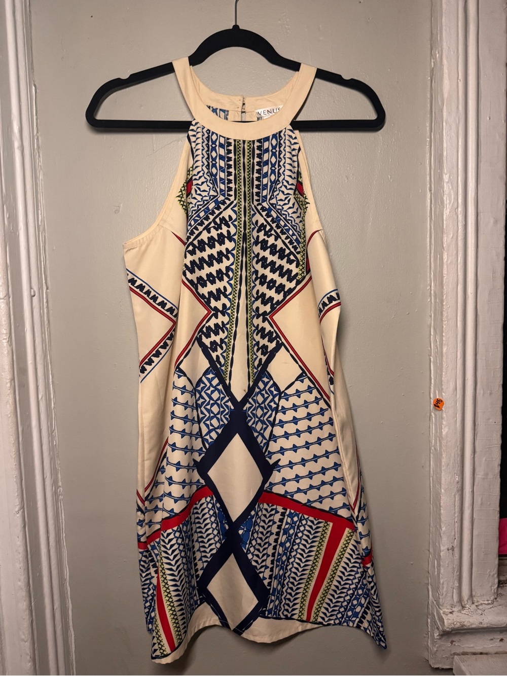 Venus Cream Halter Mini Dress Blue Red Geometric Tribal Print